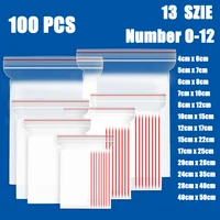 100pcs/pack 13 Sizes Zip Lock Plastic Bags Reclosable Transparent Bag Vacuum Storage Bag Clear Bags Thickness 1