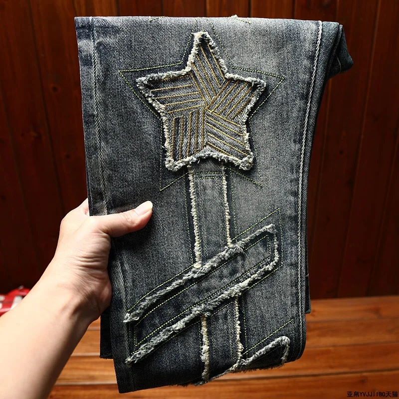 Light luxury trendy embroidered jeans men slim fit straight leg version fashionable trend elastic MEN'S high-end casual pants