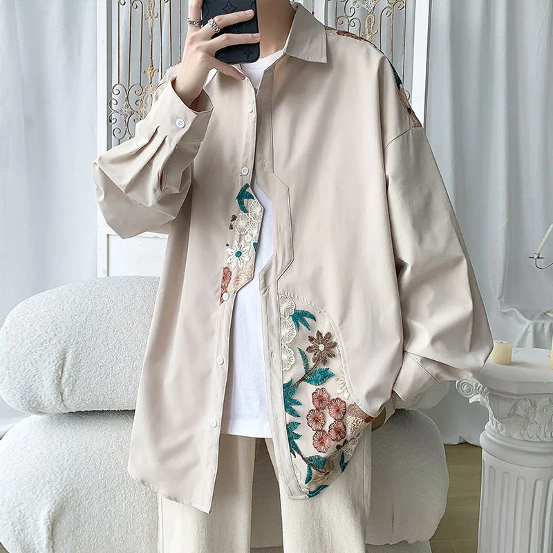 Autumn Embroidered Shirts Men Fashion Retro Flower Shirts Mens Japanese Streetwear Loose Long Sleeve Shirts Men Plus Size M-5XL