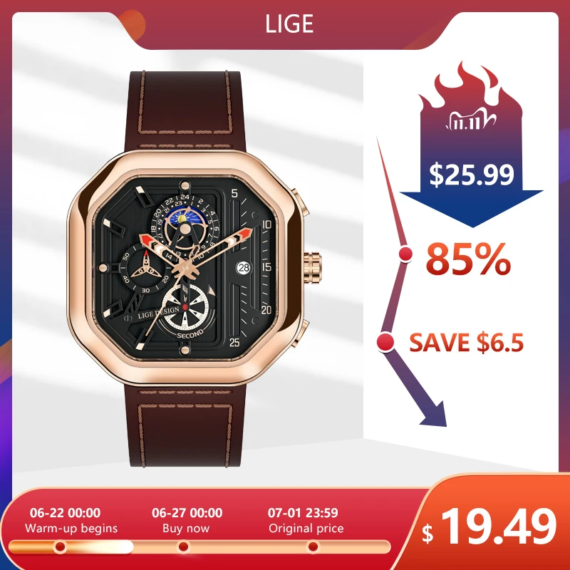 LIGE 2022 Luxury Mens Watch Square Sports Quartz Wristwatch 30M Waterproof Stopwatch Hollow out Watch for Men Relogio Masculino