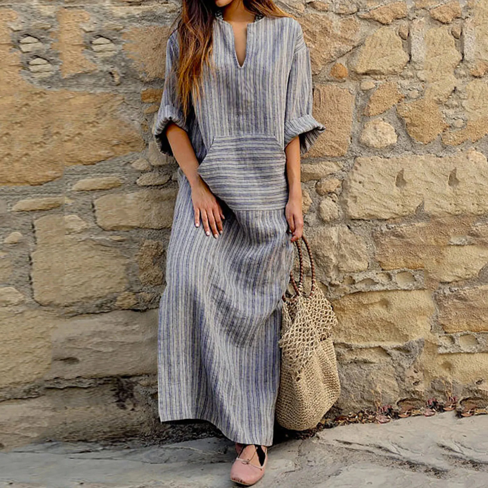 

Women'S Striped Cotton Loose Shirt Dress Long Yarn-Dyed Fashion V Neck Vestidos Summer Women'S Casual Holiday Maxi Dress