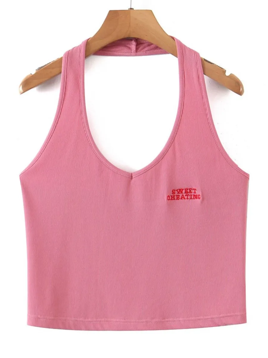 

Good Quality Plus Size Halter Tank Top Women 2023 Summer Modal Letter Embroidery Hotsweet Sleeveless Vest Oversize Curve Clothes