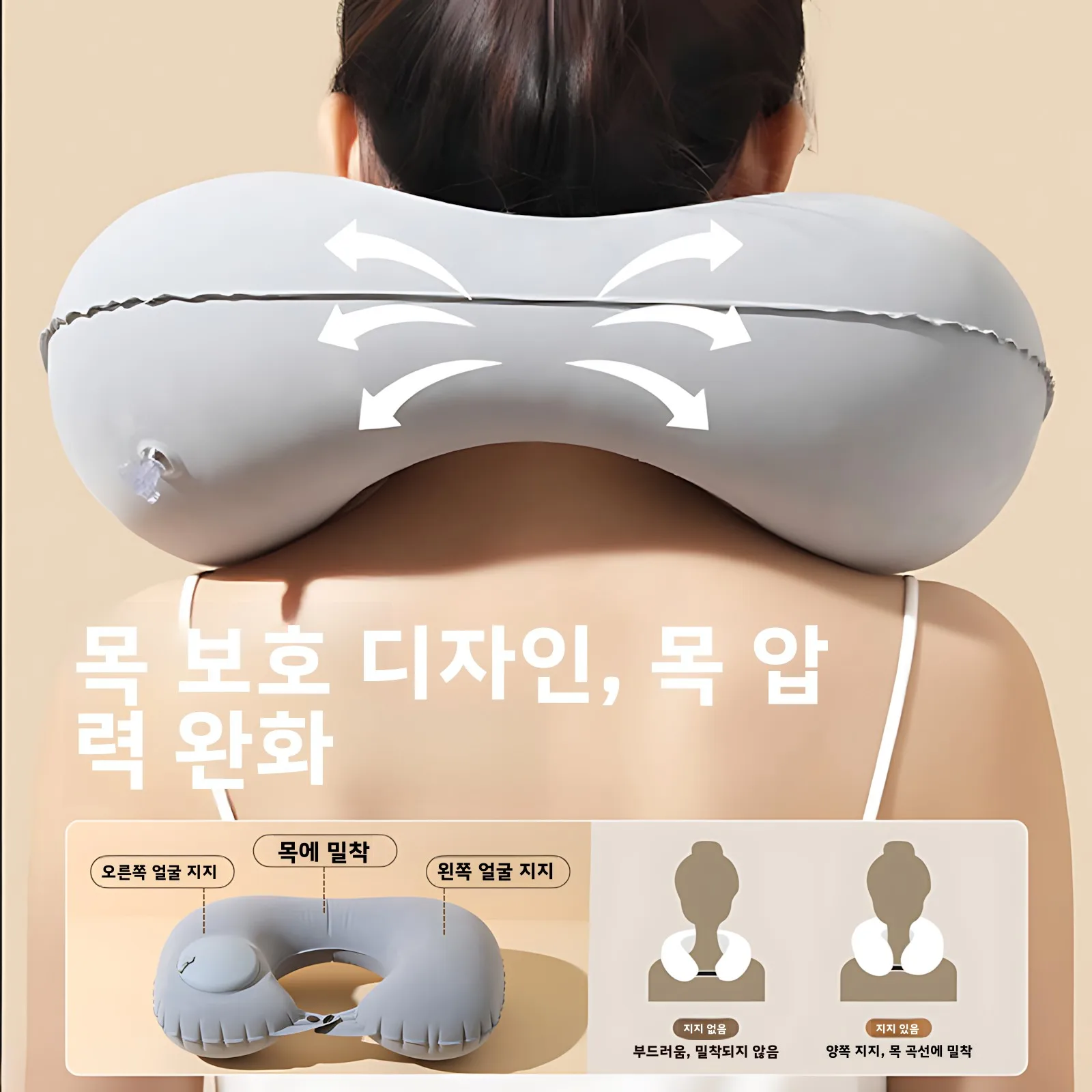 휴대용 U자형 에어 목베개 (여행, 장거리 자동차, 고속열차, 비행기 여행, 수면 보조, 헤드레스트)