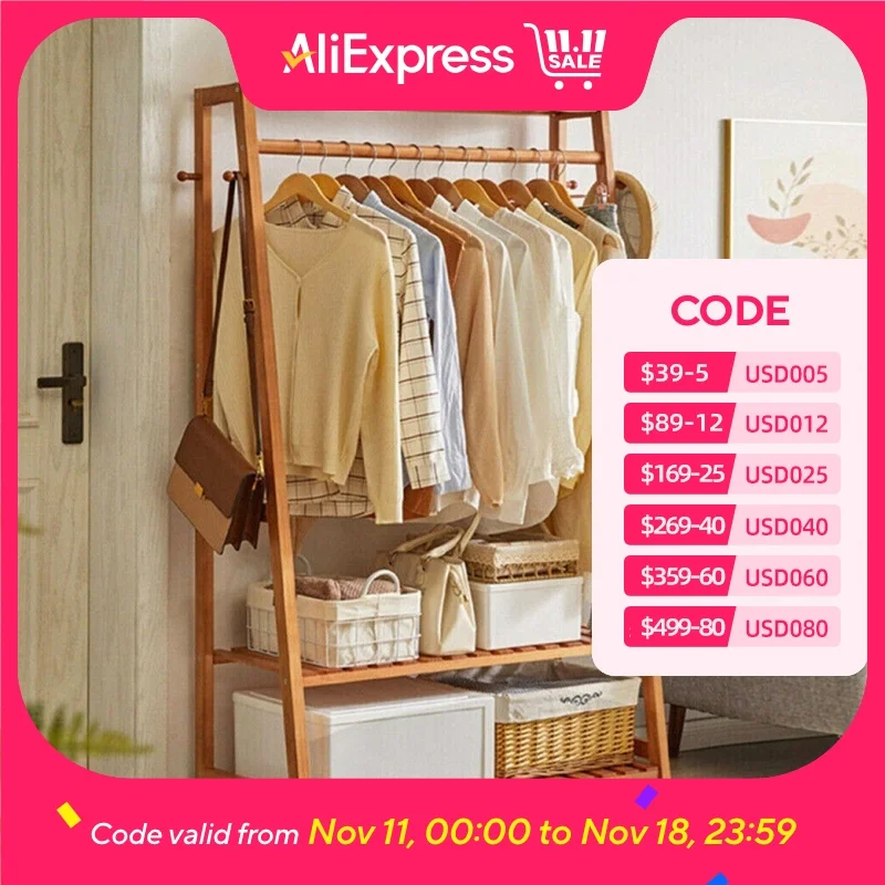 Bamboo Garment Coat Clothes Hanging Heavy Duty Rack Top Shelf 2-tier Shoe Clothing Storage Organizer Shelves