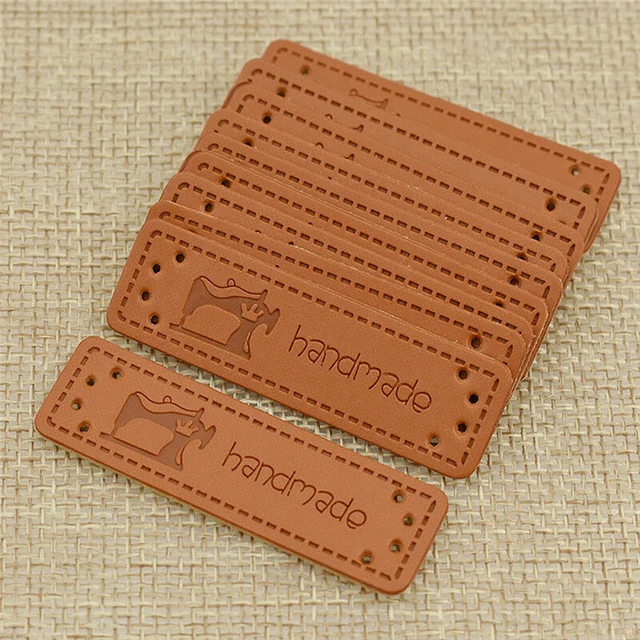 50Pcs Brown Made with Heart PU Leather Handmade Label Tags DIY Sewing Craft 1