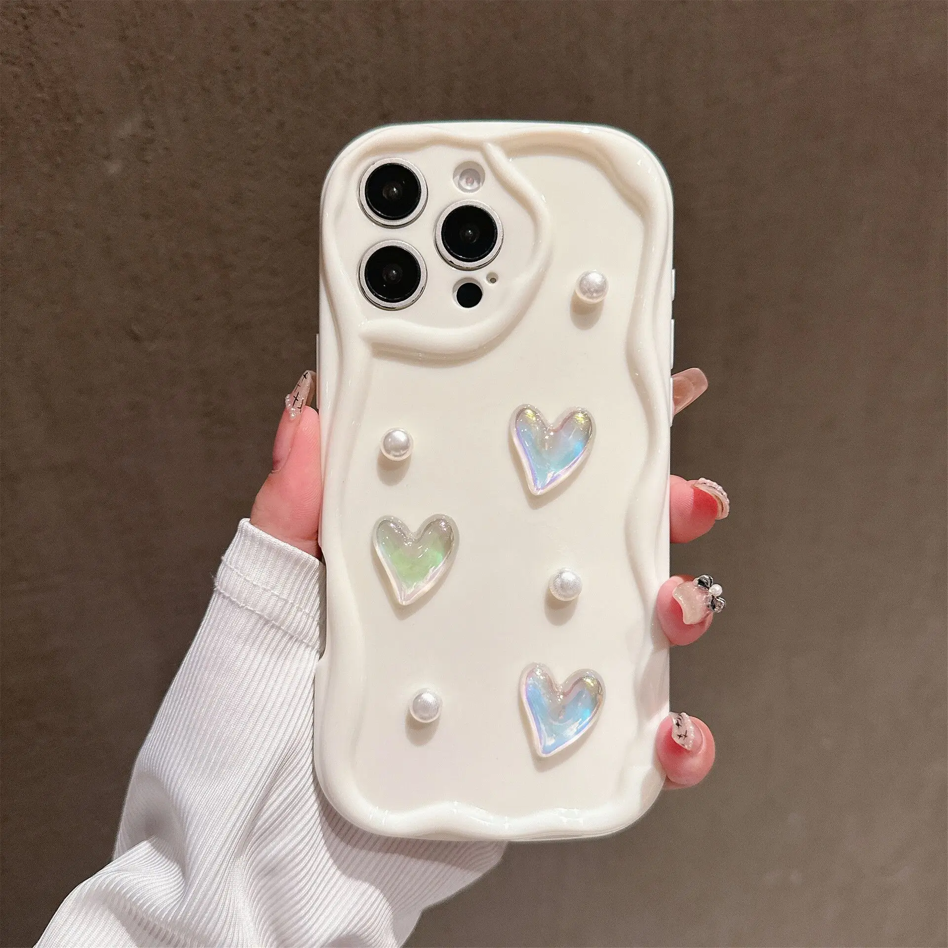 3D Pearl Love Heart Wavy Silicone Phone Case Cover