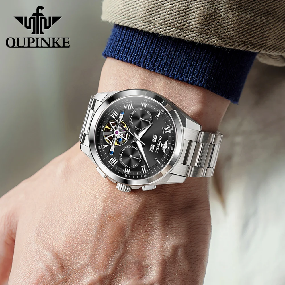 OUPINKE 3281 Watch For Men Deep Waterproof Hollow Skeleton Man Mechanical Watch Roman Scale Auto Date Original Dress Wristwatch