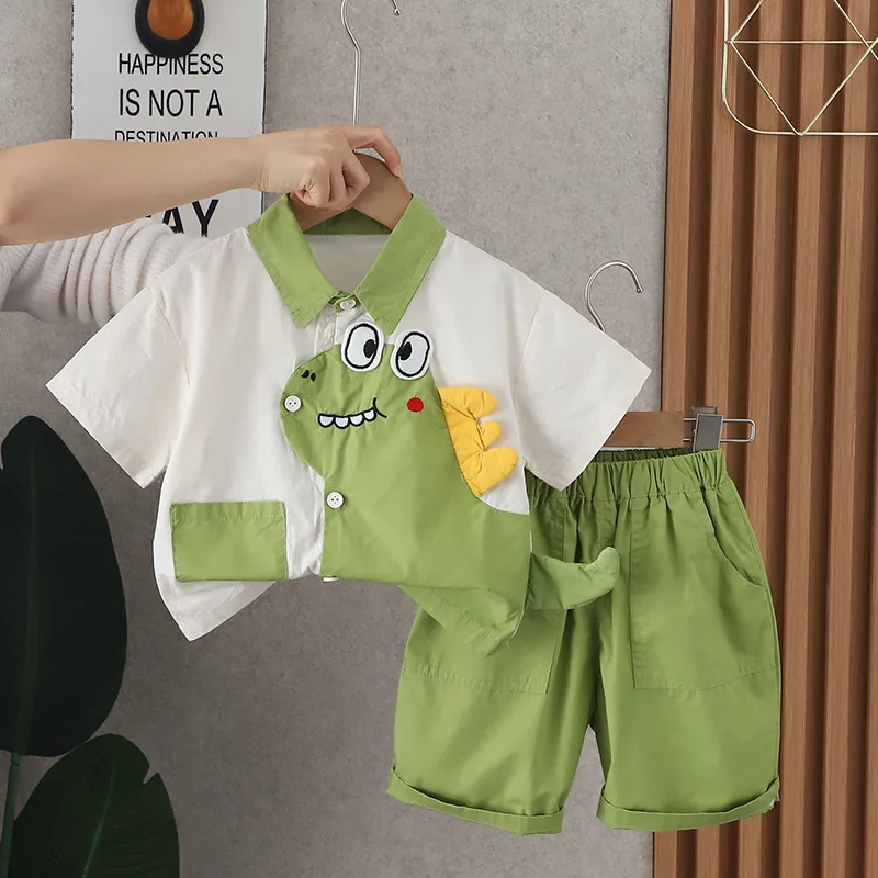 

Baby Boutique 1 Year Old Boy Clothes 2024 Summer Cartoon Dinosaur Turn-down Collar Short Sleeve Shirts and Shorts Kids Boys Sets