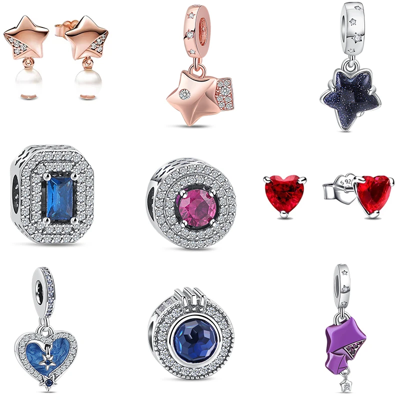 Fit Originale Pandora 925 Bracciale In Argento Sterling Stella Murano Cuore Rosso Orecchini Blu Rettangolare Fascino Ciondola Gioielli Regalo