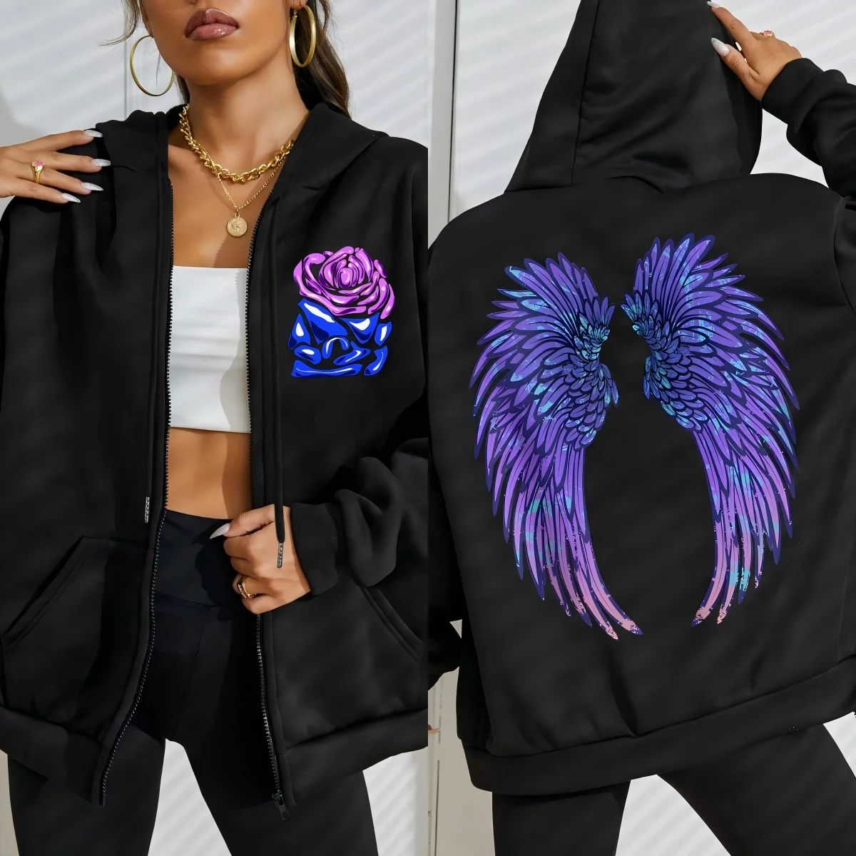 Coole Lila Kreative Flügel Rose Print Frauen Zipper Hoody Mode Lose Sportswear Casual Fleece Hoodie Herbst Hip Hop Trainingsanzug – Detail 9