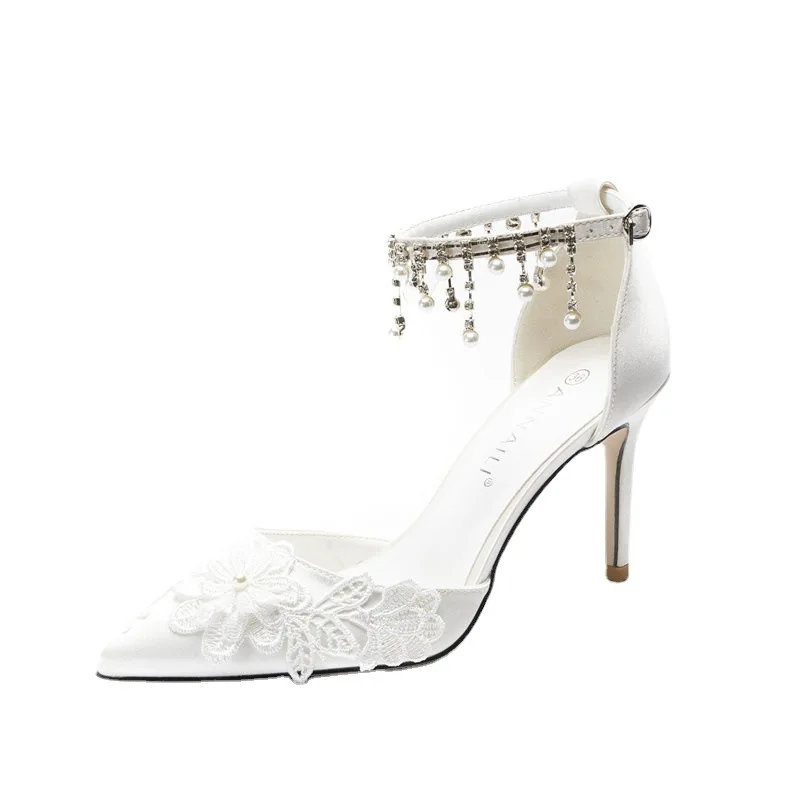 

31-43 White Wedding Shoes Pearls Tassel Chain Dress Lace Flowers White High Heel Bridal Shoes