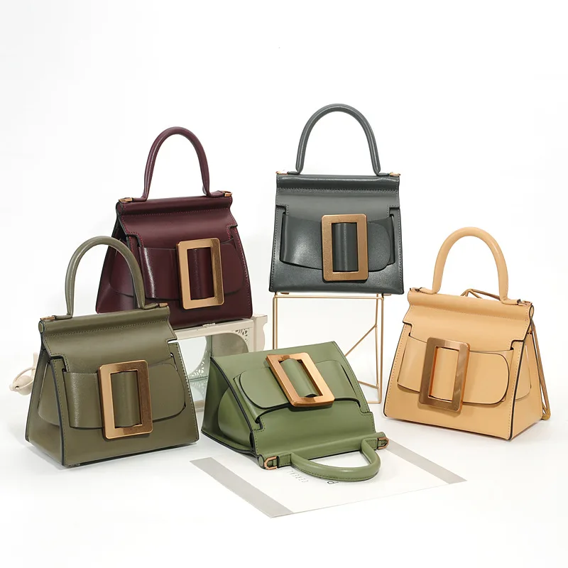 

Retro Women's Handbags Smooth Cowhide Square Buckle Bags Fashion Design Crossbody Bag Lady with 1 Shoulder Strap Genuine Leather