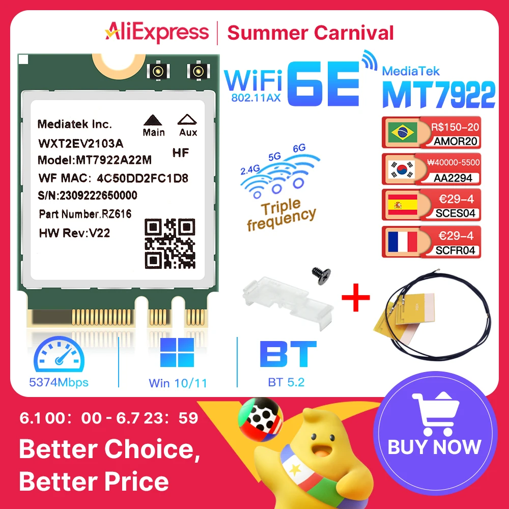 Adaptador de Rede sem Fio Wifi 6e Mt7922 M.2 Cartão 5374mbps Bluetooth 5.2 802.11ax 2.4g 5g 6ghz Mediatek Mt7922 Mu-mimo Win 10 11
