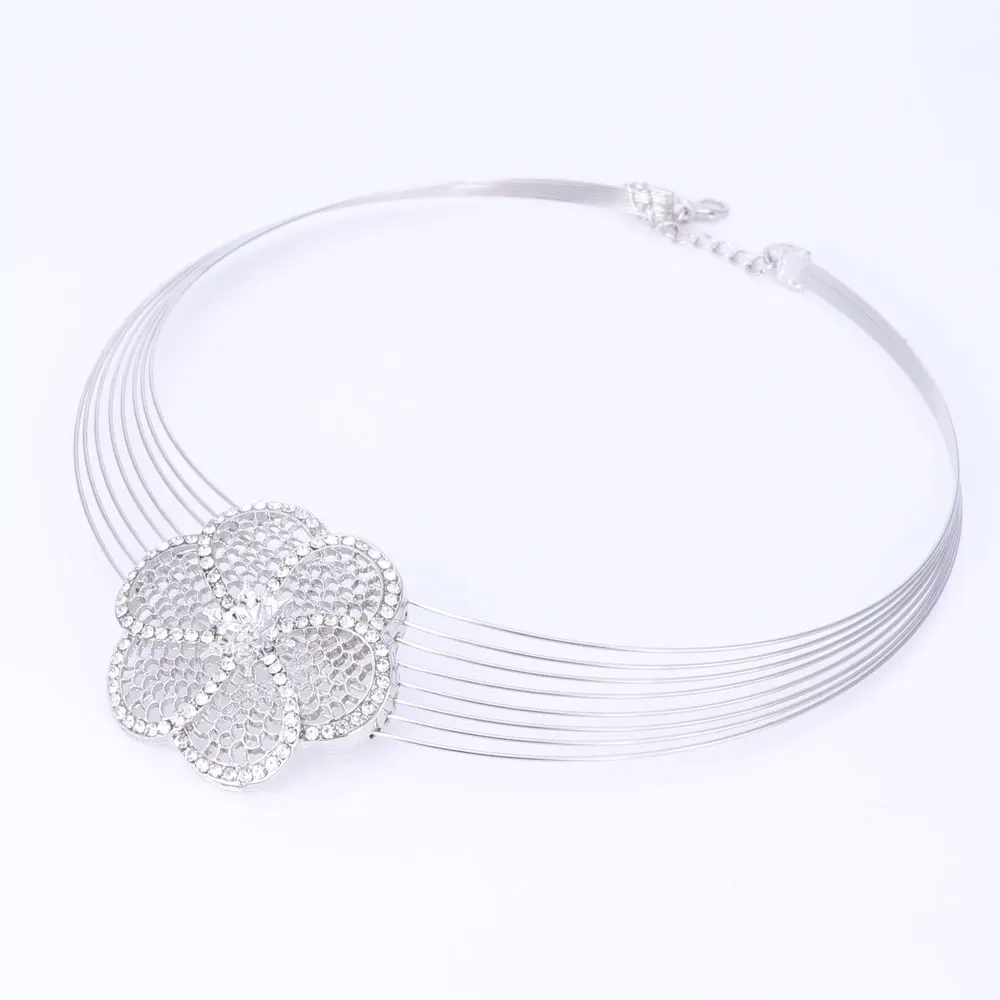 Vintage Rhinestone Flower Pendant Necklace Earrings Bracelet Ring Set Silver Color African Bridal Wedding Costume Jewelry Sets bridal jewelry sets crystal jewelry sets