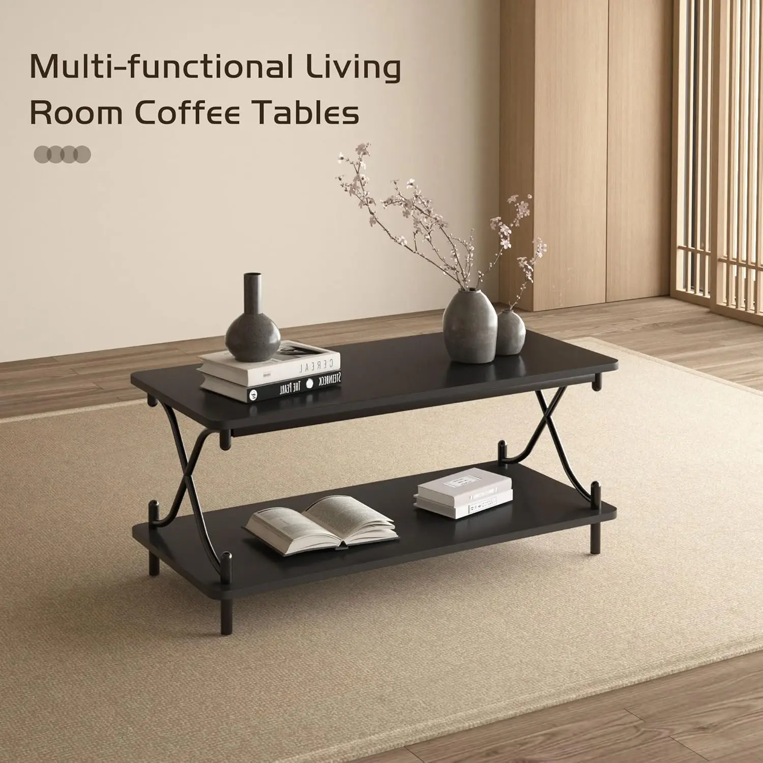 Coffee Table with Storage and Open Shelves for Living Dining Room, Modern Rectangle & Industrial Design, X-Shape Frame 4