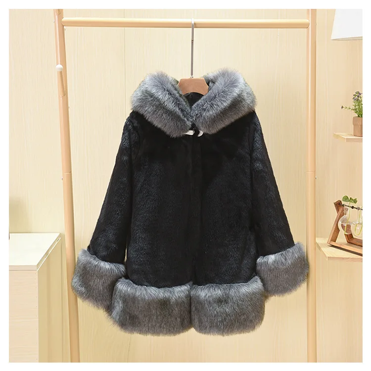 S-5XL Women's Hooded Coat Faux Fur Fox Collar Full Mink Fur Medium Length Autumn Winter Warm Clothes