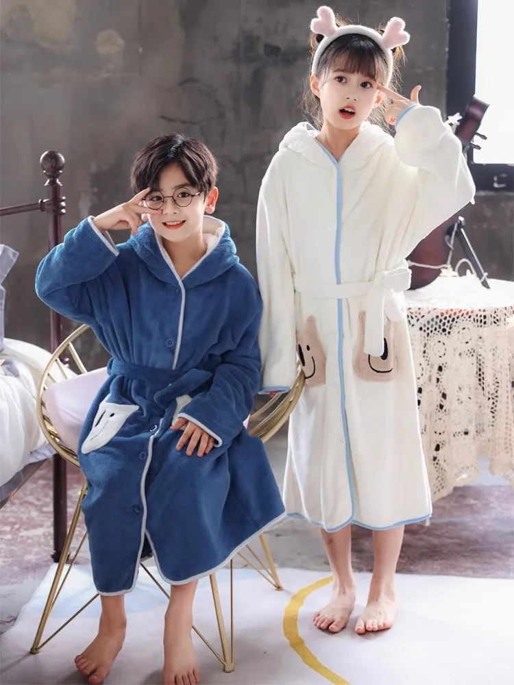 Fashion Bath Towel for Kids Girls Autumn Winter Teenage Boys Drying Sleepwear Children Cartoon Hooded Fleece Warm Homewear 8 12T