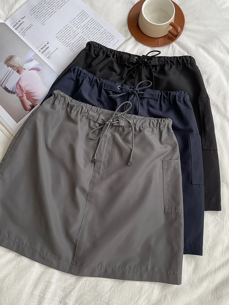 

Women's Skirt Khaki Workwear Style Retro Plain Casual Skirt Summer Street Wear Waist Drawstring with Pockets