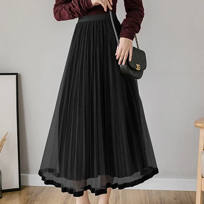 2019 Autumn Winter Skirt Elegant Mesh Gold Velvet Patchwork High Waist Pleated Lace Skirts Womens Casual Party Black Skirt ruffle skirt Skirts