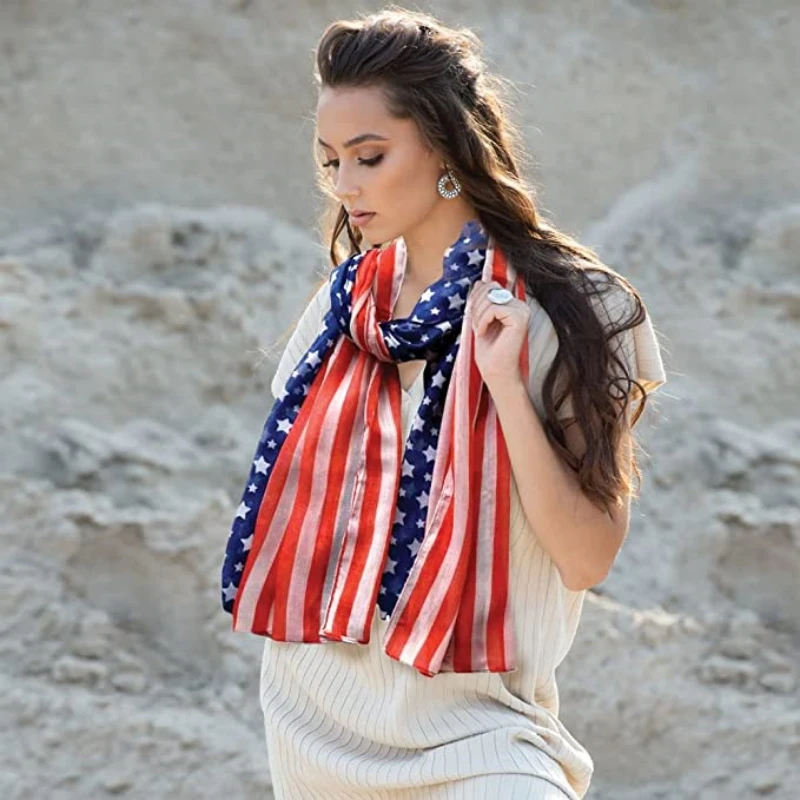 Fashion American Flag Oblong Scarfs Patriotic Stars Print Shawl Voile Soft Wrap Geometric Stripes Scarf 5