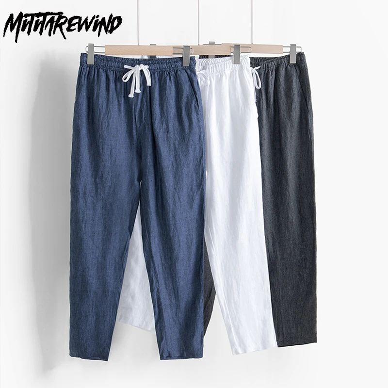 

Spring Summer Pure Linen Pants Men Joggers Baggy Breathable Pant Drawstring Elastic Waist Ankle-length Trousers Simple Versatile