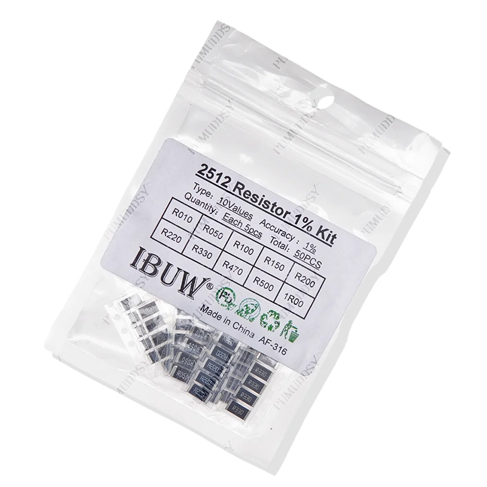 50PCS 1% 2512 SMD Resistor Samples kit 10ValueX5PCS=50pcs 1R00 R500 ...