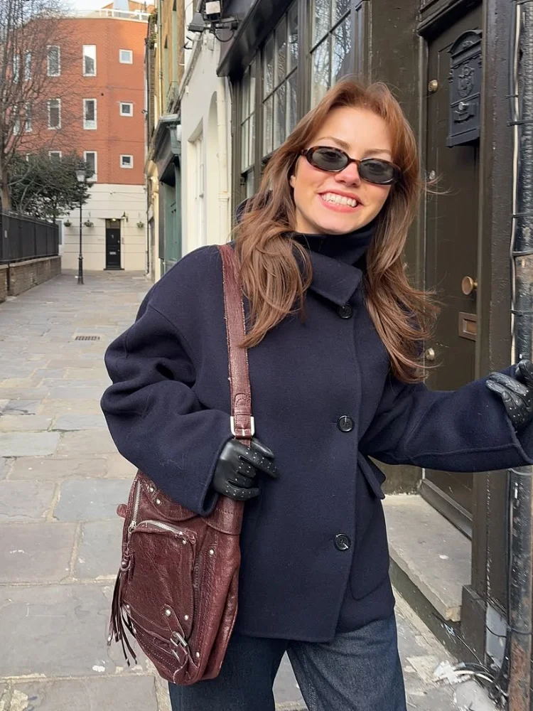 Women's Plus Size Wool Coat - Thickened Stand Collar Single Breasted Spring Jacket With Pockets