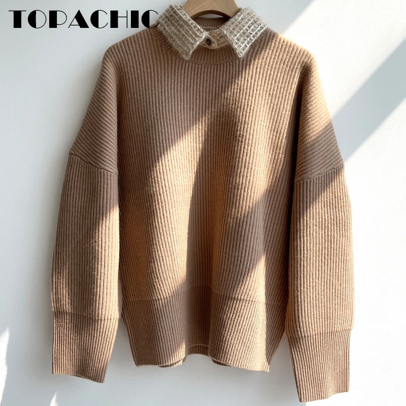 

12,1 TOPACHIC женский простой темпераментный блестящий воротник съемный толстый вязаный кашемировый однотонный пуловер свитер