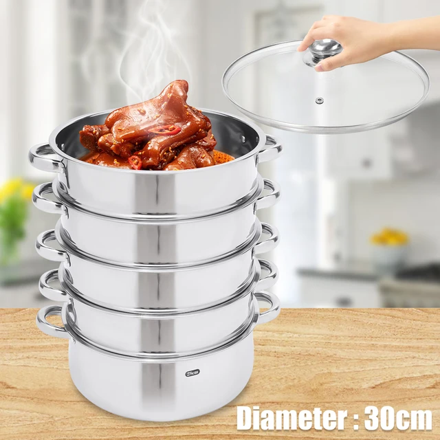 Cuisinière Vapeur 3 étages En Inox - 28 Cm, Compatible Induction Et Gaz, Avec Couvercle Verre - 3