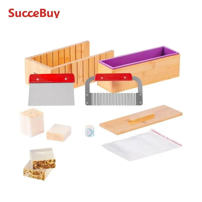 SucceBuy Soap Making Kit Bamboo Cutting Box and Inner Box with Silicone Mold Stainless Steel Straight Cutter and Wavy Cutter soap cutter soap molds kit