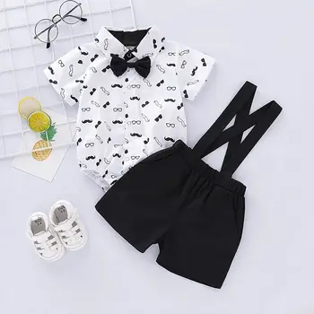 Baby Boy Gentleman Outfit Set with Bow Tie & Suspender Shorts 1