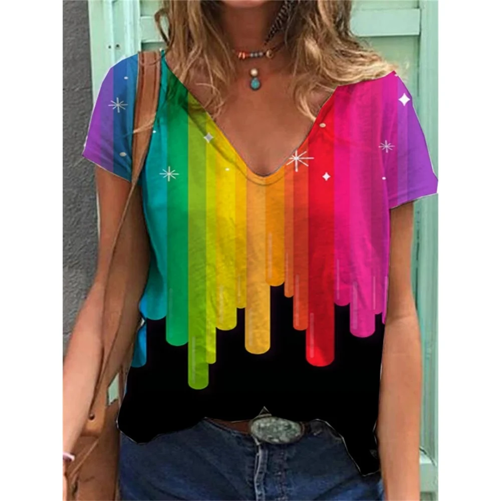 Camiseta Ajustada De Manga Corta Con Cuello Redondo A Rayas De Arcoíris Para Verano|Camisetas