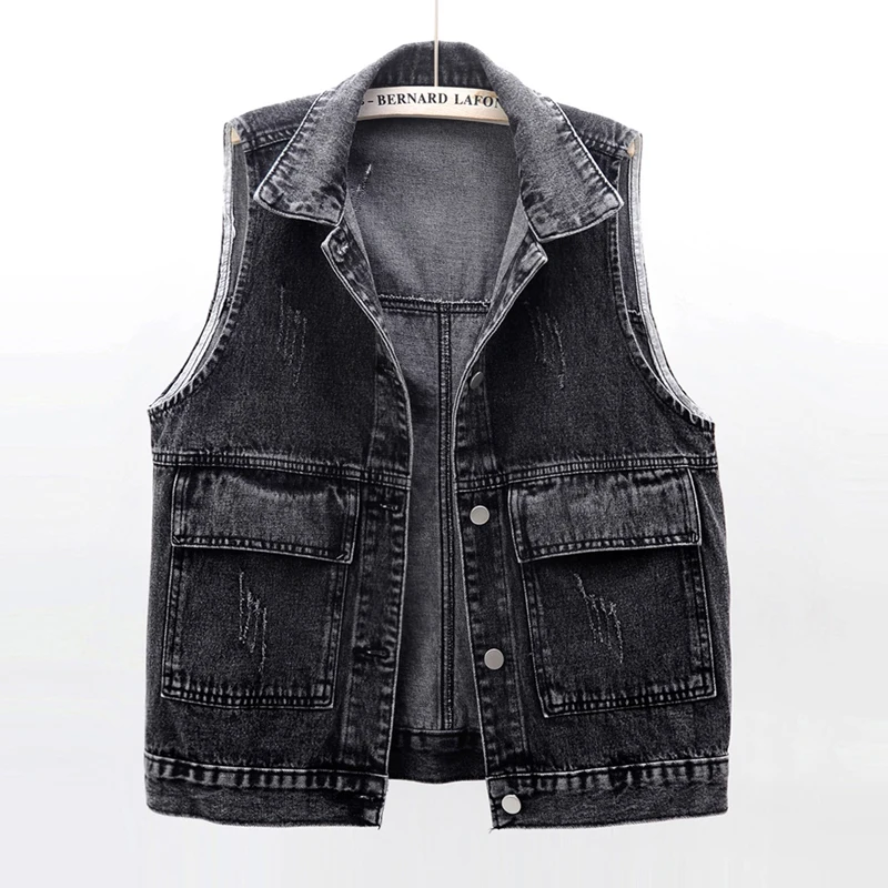 

Frayed Big Pocket Denim Vest Women Waistcoat Casual Cowboy Sleeveless Jacket Vintage Blue Black Loose Short Jeans Vests Female