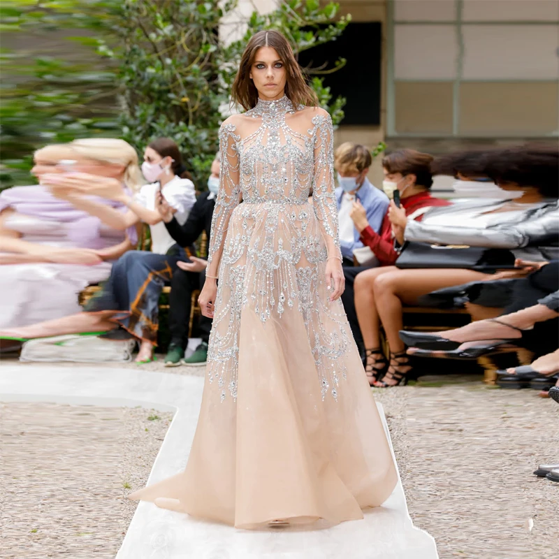 

Luxury high neck long sleeve crystal beaded sequins elegant banquet evening dress wedding party pair prom dress