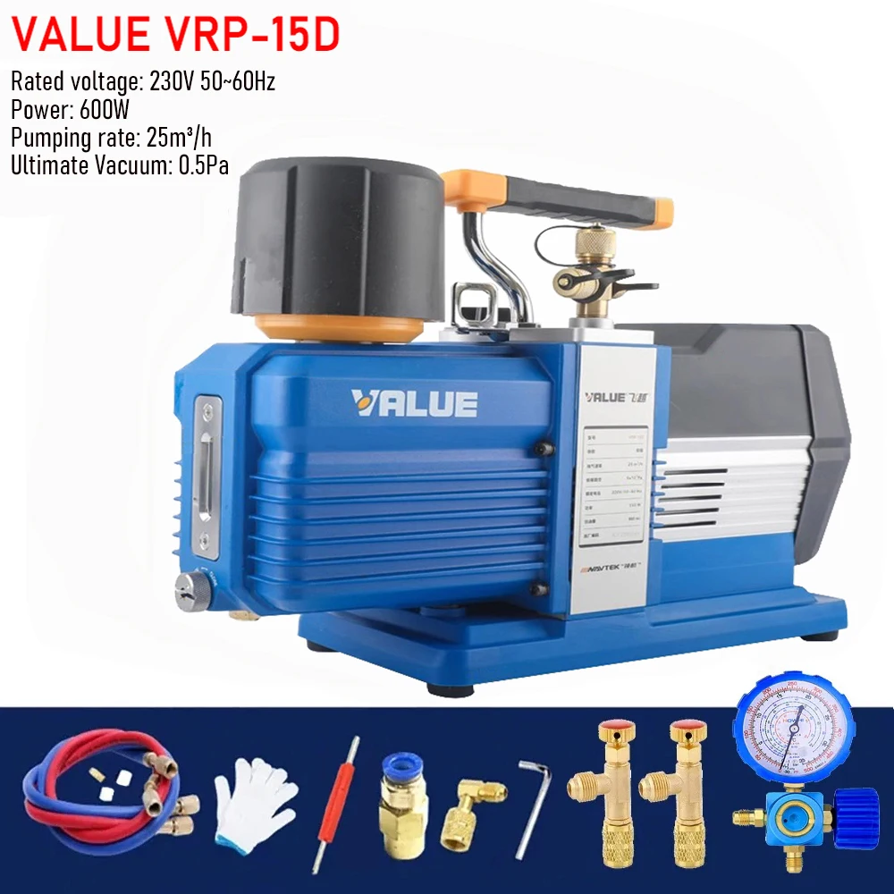 

VALUE VRP-15D Intelligent Vacuum Pump 0.5Pa Double Stage Industrial Vacuum Pump 7/16~20 5/8~18 3/4~16UNF R32 Air Conditioning
