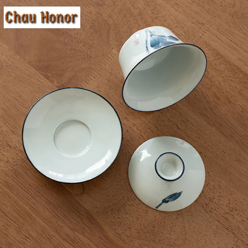 160ml Antique Hand Painted Blue And White Sancai Gaiwan Large Tea Cup Handmade Kung Fu Hand Grasping Ceramic Tea Maker Bowl Gift