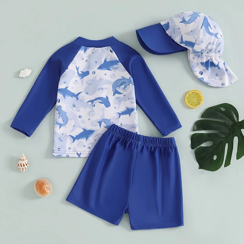 Baby Boys Two-Piece Swimwear Set with UV Protection Rash Guard Top Swim Shorts and Sun Hat in Cute Animal Print 4