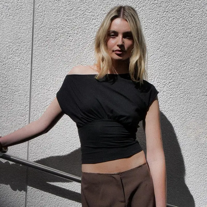 Y25TP26 Women's Summer New Pure Color Single oulder T-irt Gathered Waist Slant Collar Top Faionable ort Length