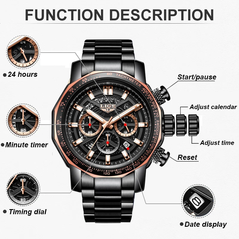 LIGE Men Watch Fashion Business Big Dial Watch Men Waterproof Luminous Quartz Chronograph Wrist Watches For Men Reloj Hombre+BOX