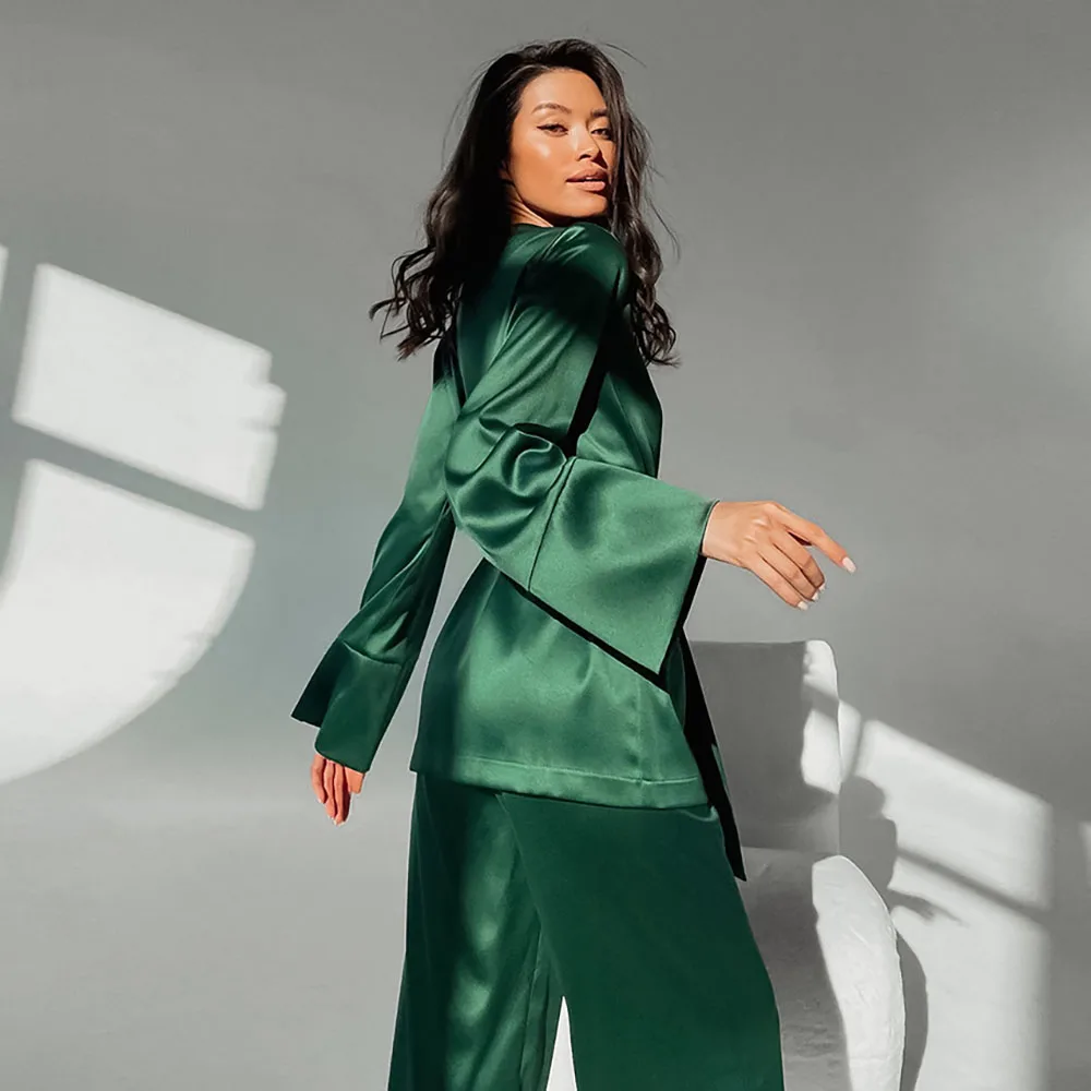 Spring New Europen Style Nightgown For Women Ice Silk Comfortable Cardigan Lace-up Long Sleeved Loose Pants 2Pcs Home Sleepwear
