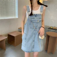 Summer Women's Denim ter Dr Student Versatile A-Line Skirt Korean Sle Loose Waist No Sve Square Collar Pure Color