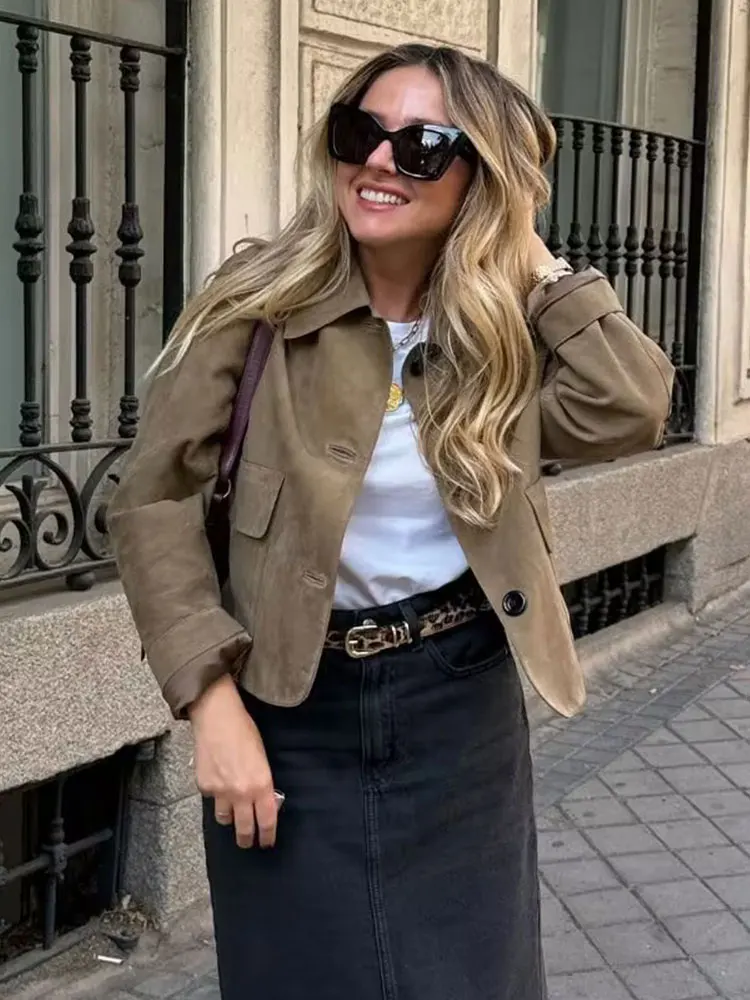 HH Women Vintage Solid Suede Coat Turn Down Collar Long Sleeve Cropped Jacket 2025 Autumn Casual Office Lady Outerwear