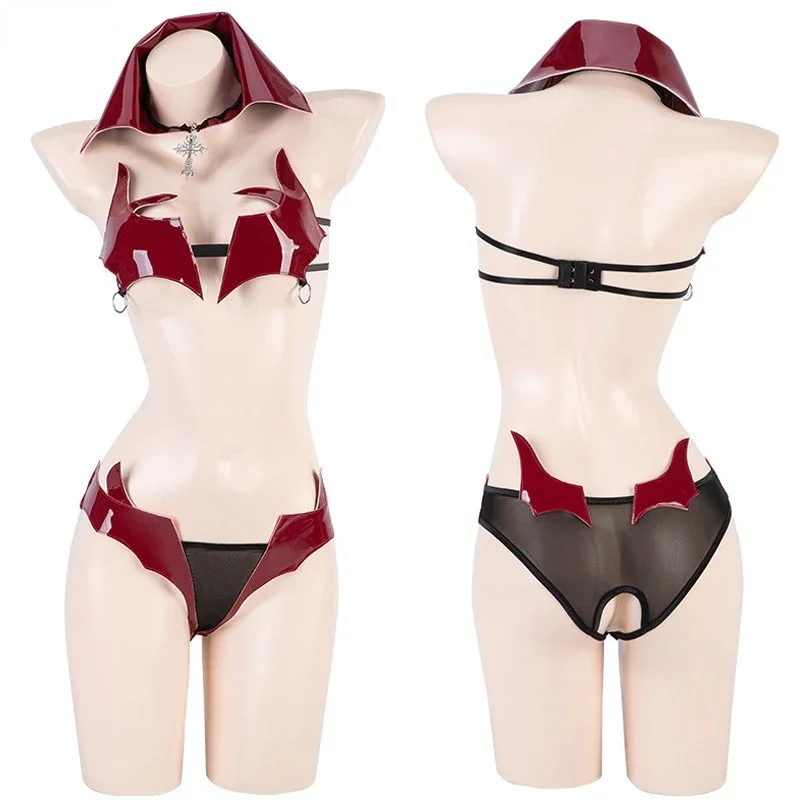 

Женский костюм для косплея Dark Demon Girl, костюм из лакированной кожи с красной кровью вампира для Хэллоуина, нижнее белье для ролевых игр