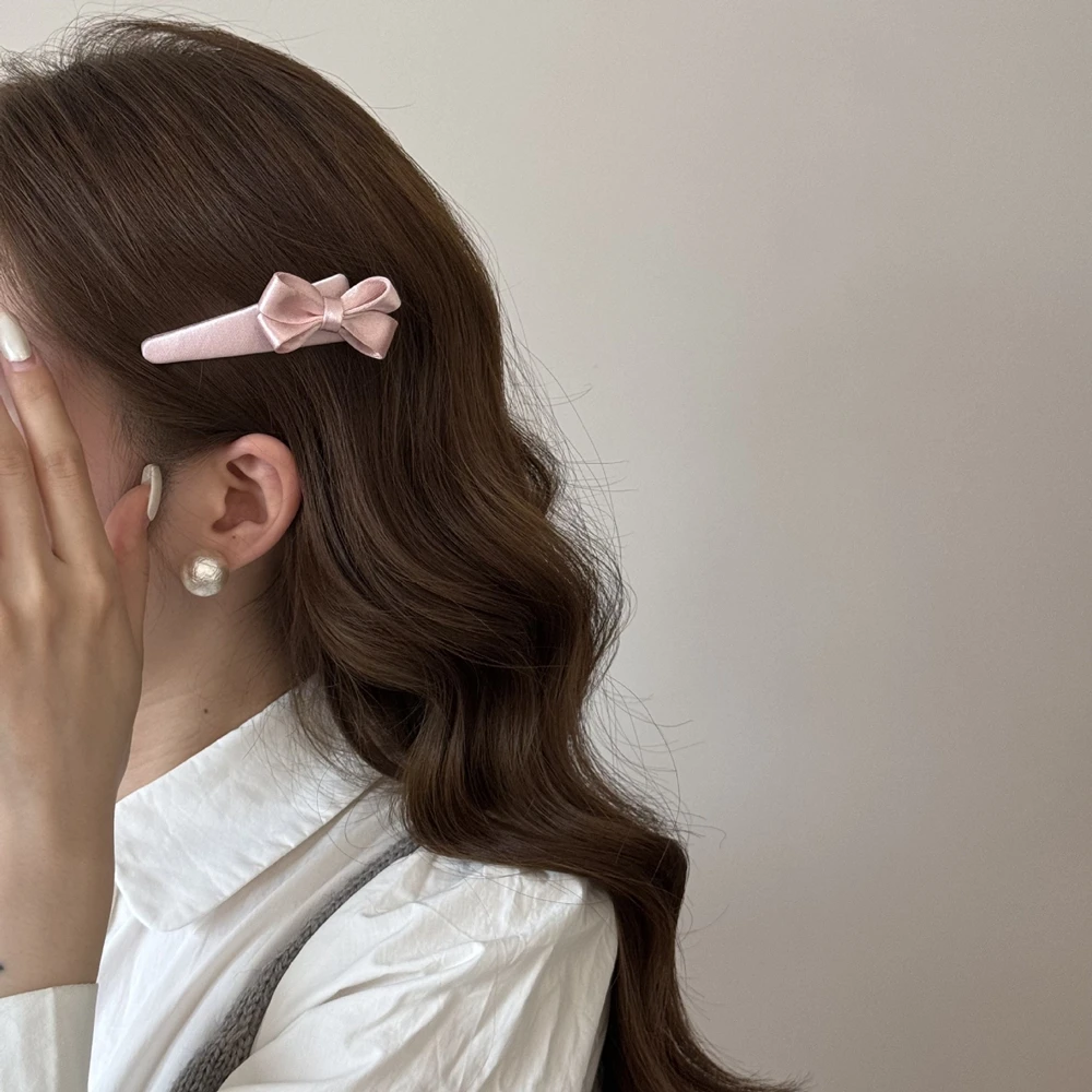 Korean 2026 Trend Elegant Pink Satin Bow Hair Clips Sweet Ribbon Barrettes