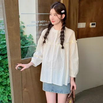 Sweet Maternity Spring Shirts Ruffles Patchwork Long Sleeve O-neck Fashion Pregnant Woman Floral Embroidery Blouses Loose Tops