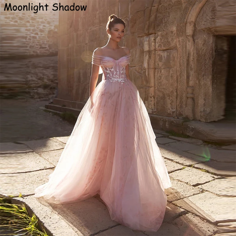 MoonlightShadow Light Pink Wedding Dress Off the Shoulder Sweetheart Flower  Tulle Lace A Line Bridal Gowns Vestido De Novia - AliExpress 320