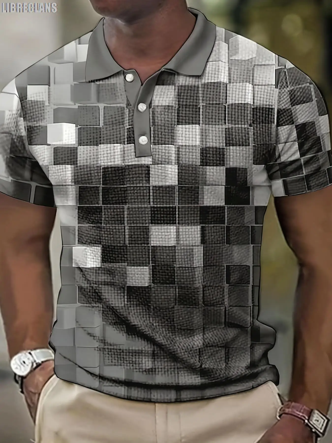 3D Men\'s Checker Print Polo Shirt Summer New Men\'s Short Sleeve Plus Size Fashion Lightweight Comfortable and Breathable Top