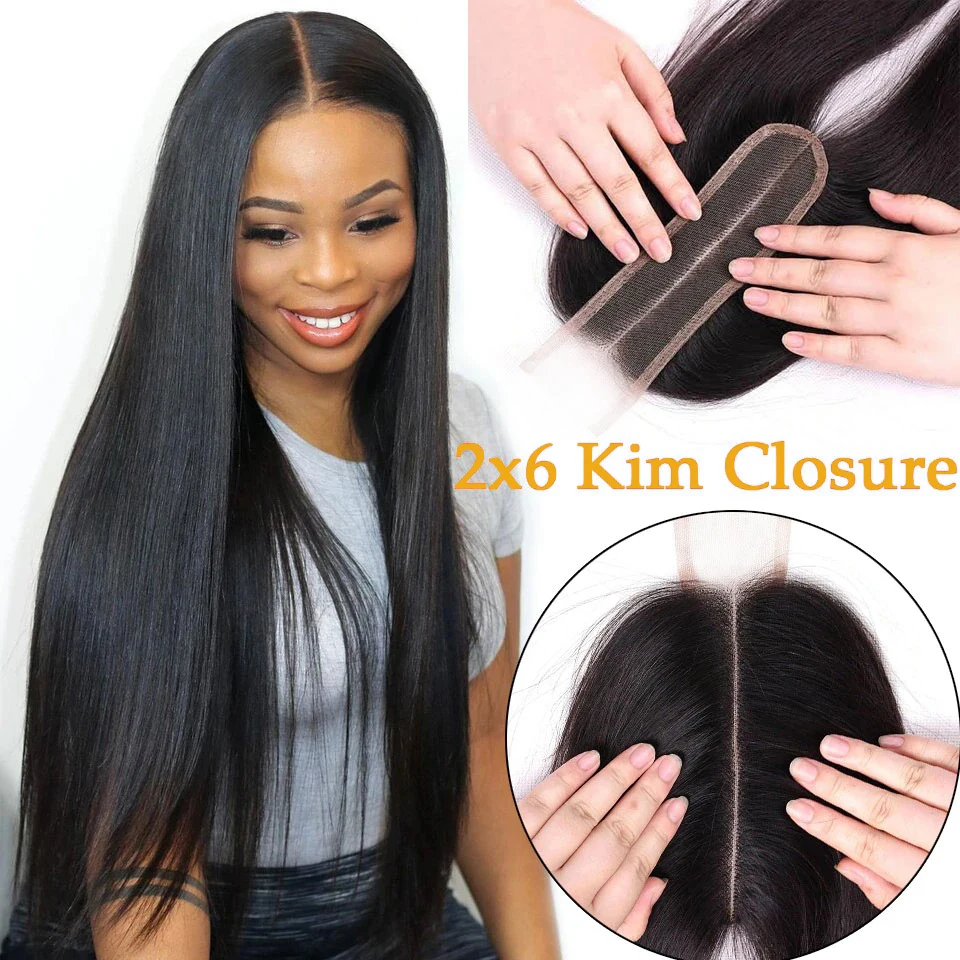 Upermall  Perruque Lace Closure brésilienne Remy lisse, Body Wave, Deep Middle Part, Swiss Transparent, Kim K, 2x6, pour femmes noires