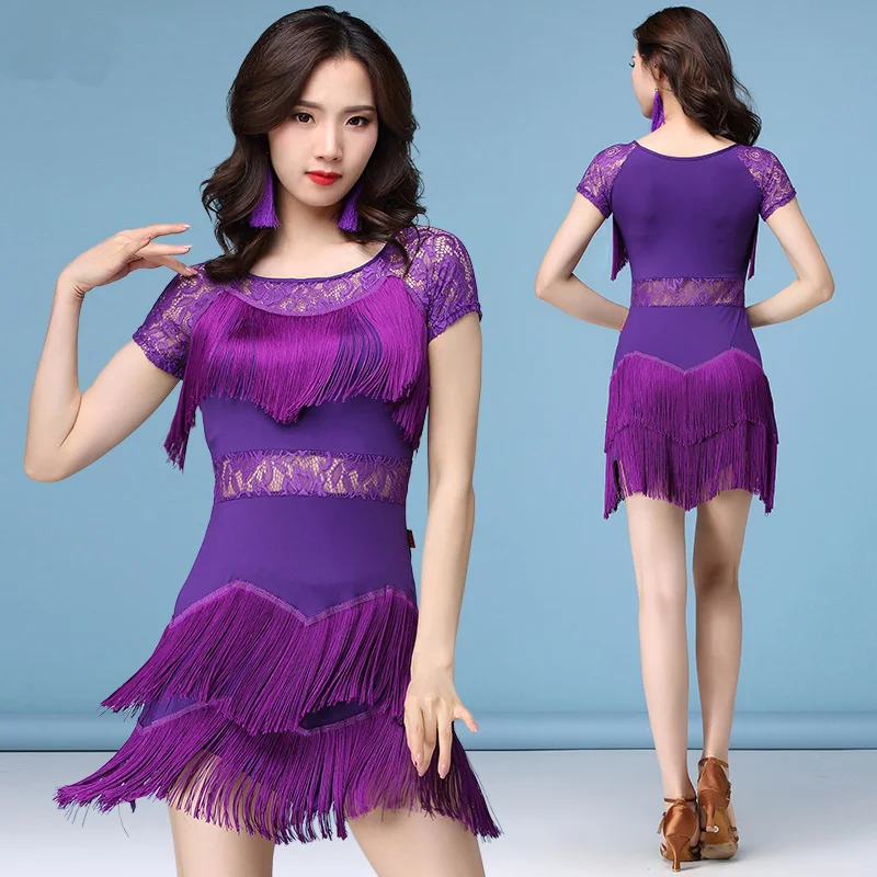 

Standard Competition Practice Dress Costume Short Sleeves Lace Tassel Latin Dance For Women Ballroom Samba Tango Dance Wear