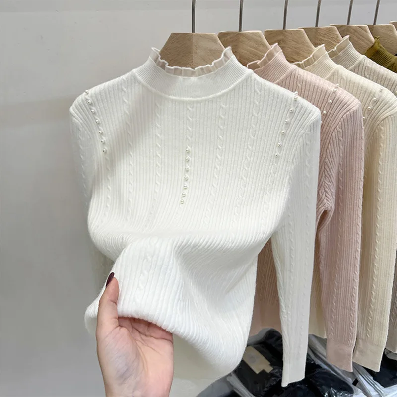 Women Autumn Knitted Sweater Long Sleeve Twist Pearl Slim Top